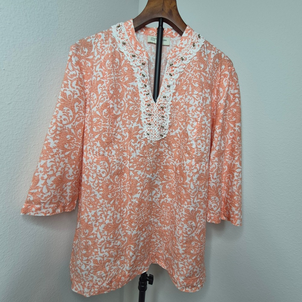 Jones New York Sport Orange 100% Linen Lace Crochet Bohemian‎ Boho Tunic XL